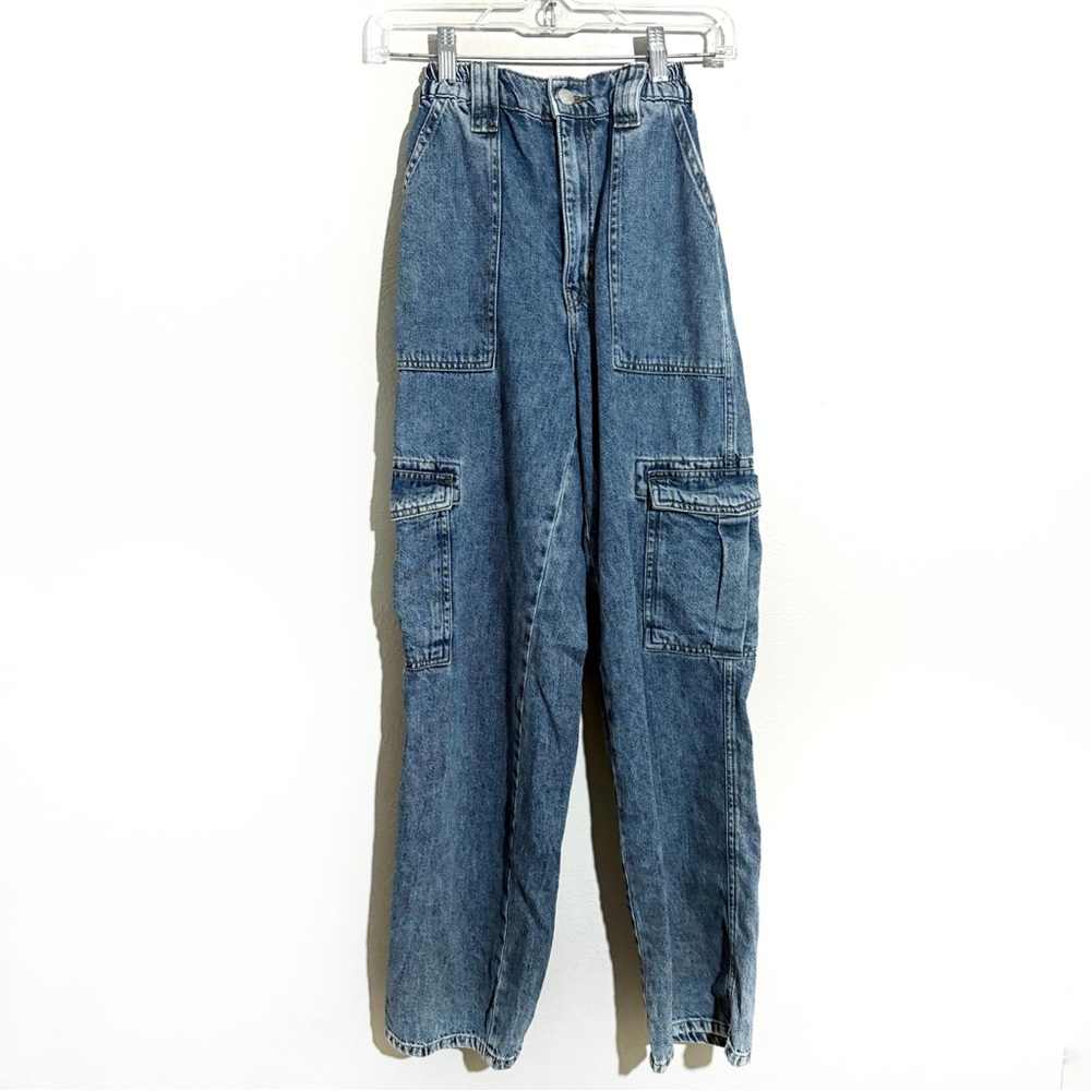 Garage Denim 100% Cotton Cargo Wide Leg Baggy Elastic Waist High Waist Jeans